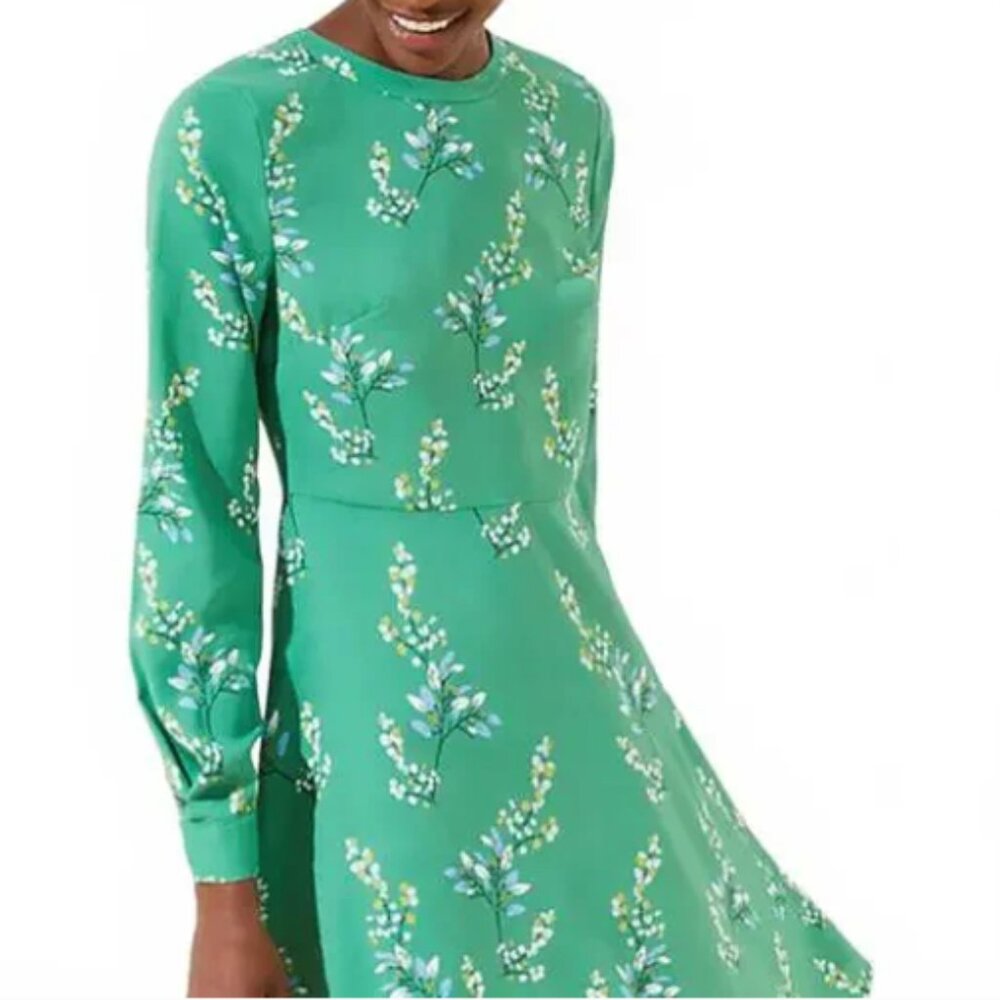 LOFT Green Floral Long-Sleeve A-Line Dress